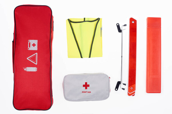 flat lay with arrangement of automotive accessories isolated on white