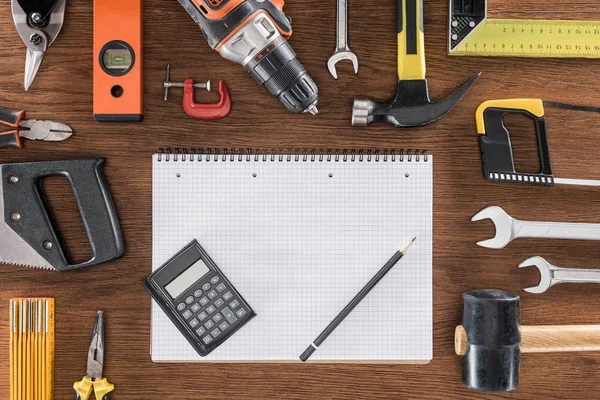 Top View Empty Textbook Calculator Pencil Surrounded Arranged Various Tools — Stock Photo, Image