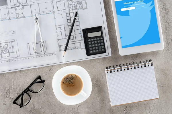 Top View Architect Workplace Blueprint Divider Coffee Digital Tablet Twitter — Stock Photo, Image