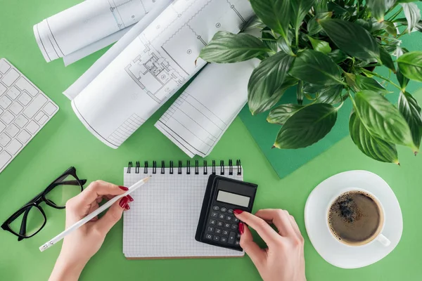 Bijgesneden Afbeelding Van Vrouwelijke Architect Berekening Tabel Wth Blauwdrukken Plant — Stockfoto