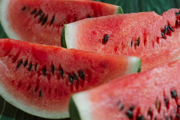 Close View Watermelon Slices Green Wood Surface — Stok Foto