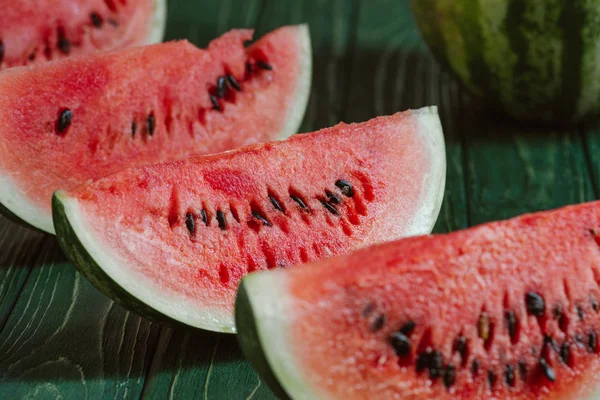 Close View Watermelon Slices Green Wood Surface — Stok Foto