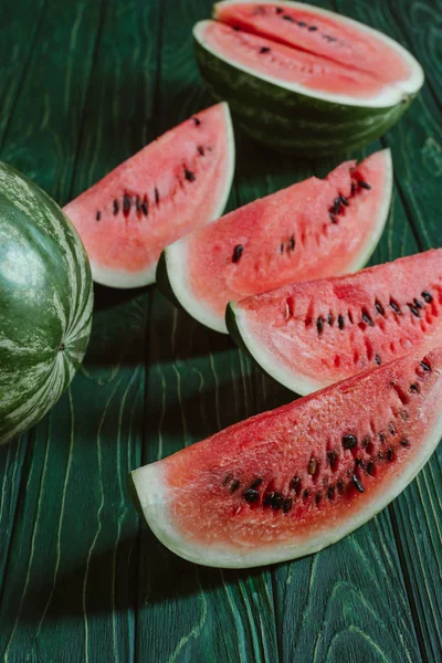 Close View Watermelon Slices Green Wood Surface — Stok Foto