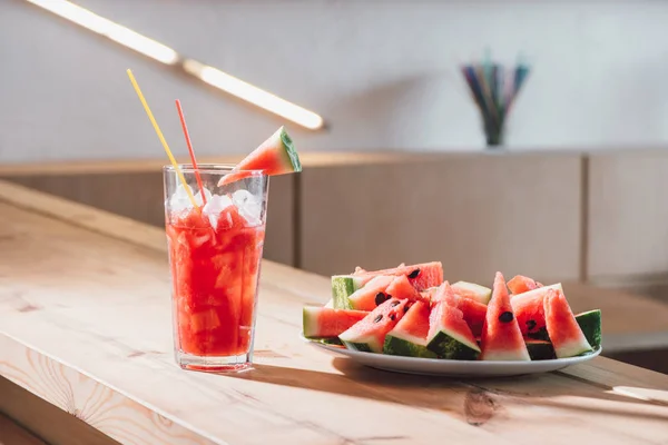 Close View Refreshing Watermelon Drink Glass Pieces Fresh Watermelon Wooden Stock Photo