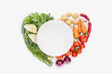 top view of autumn harvest arranged in heat shape with empty plate in middle isolated on white clipart