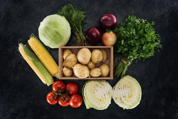 Top view of fresh ripe autumn harvest arranged on black marble surface — Stock Image Top View Fresh Ripe Autumn Harvest Arranged Black Marble Surface Stock Image