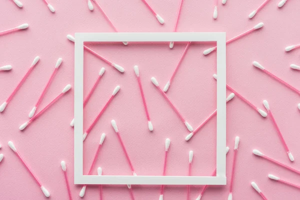 Top View Cotton Swabs White Frame Isolated Pink Beauty Concept — Stock Photo, Image