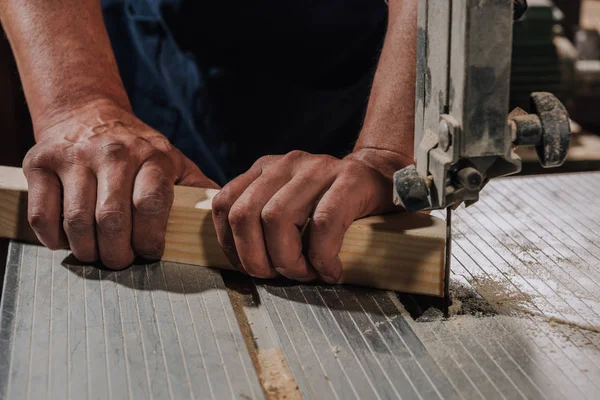 Partial View Woodworker Using Electric Drill Wood Workshop — Stock Photo, Image