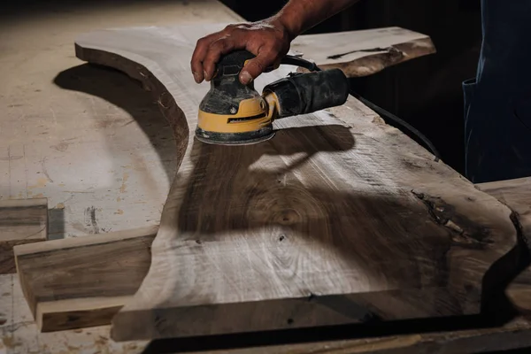 Partial View Carpenter Working Electric Plane Workshop — Stock Photo, Image