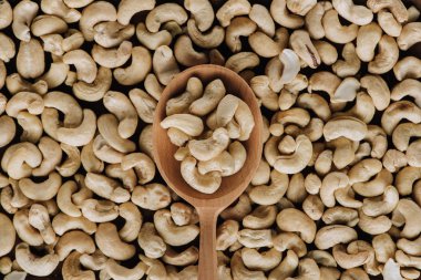 Top view of tasty cashew and one wooden spoon clipart