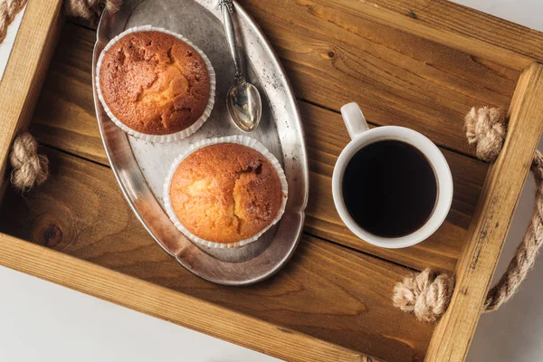 Top View Cup Coffee Muffins Tray White — Stock Photo, Image