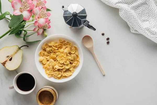 Top View Bowl Dry Cereal Coffee Alstroemeria Bouquet White — Stock Photo, Image