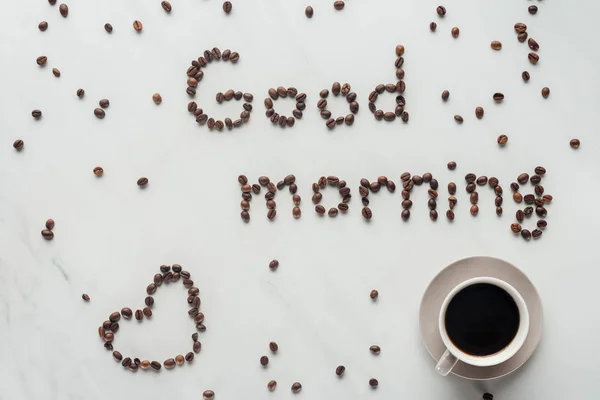 Top View Cup Coffee Good Morning Lettering Made Coffee Beans — Stock Photo, Image