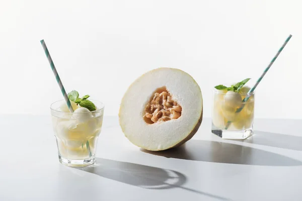 Refreshing Beverage Melon Mint Glasses Half Ripe Honeydew Melon White — Stock Photo, Image