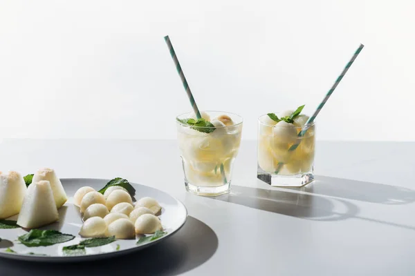 Sweet Melon Balls Refreshing Beverage Melon Mint Glasses White — Stock Photo, Image