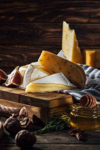 Different Types Cheeses Honey Fig Table — Stock Photo, Image