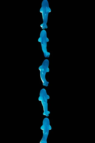 Vista Superior Fila Caramelos Gelatina Azul Forma Delfines Aislados Negro —  Fotos de Stock