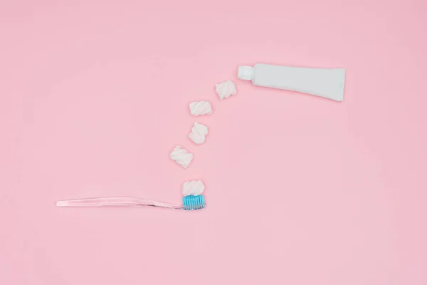 Top View Marshmallows Toothbrush Toothpaste Tube Isolated Pink — Stock Photo, Image