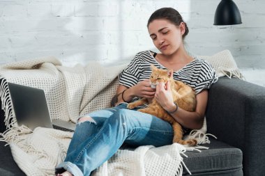 kanepede oturan ve oturma odasında şirin kırmızı kedi palming güzel kız