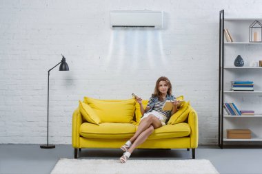 beautiful young woman with book sitting on couch and pointing at air conditioner hanging on wall with remote control clipart