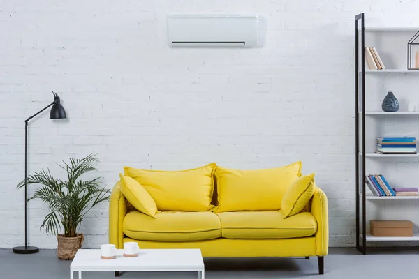 Interior Modern Living Room Yellow Couch Air Conditioner Hanging White — Stock Photo, Image