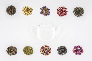 beyaz izole kuru bitkisel organik çay ve cam çaydanlık üstten görünüm