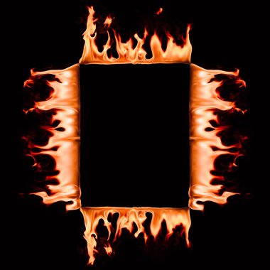 close up view of burning square frame isolated on black clipart