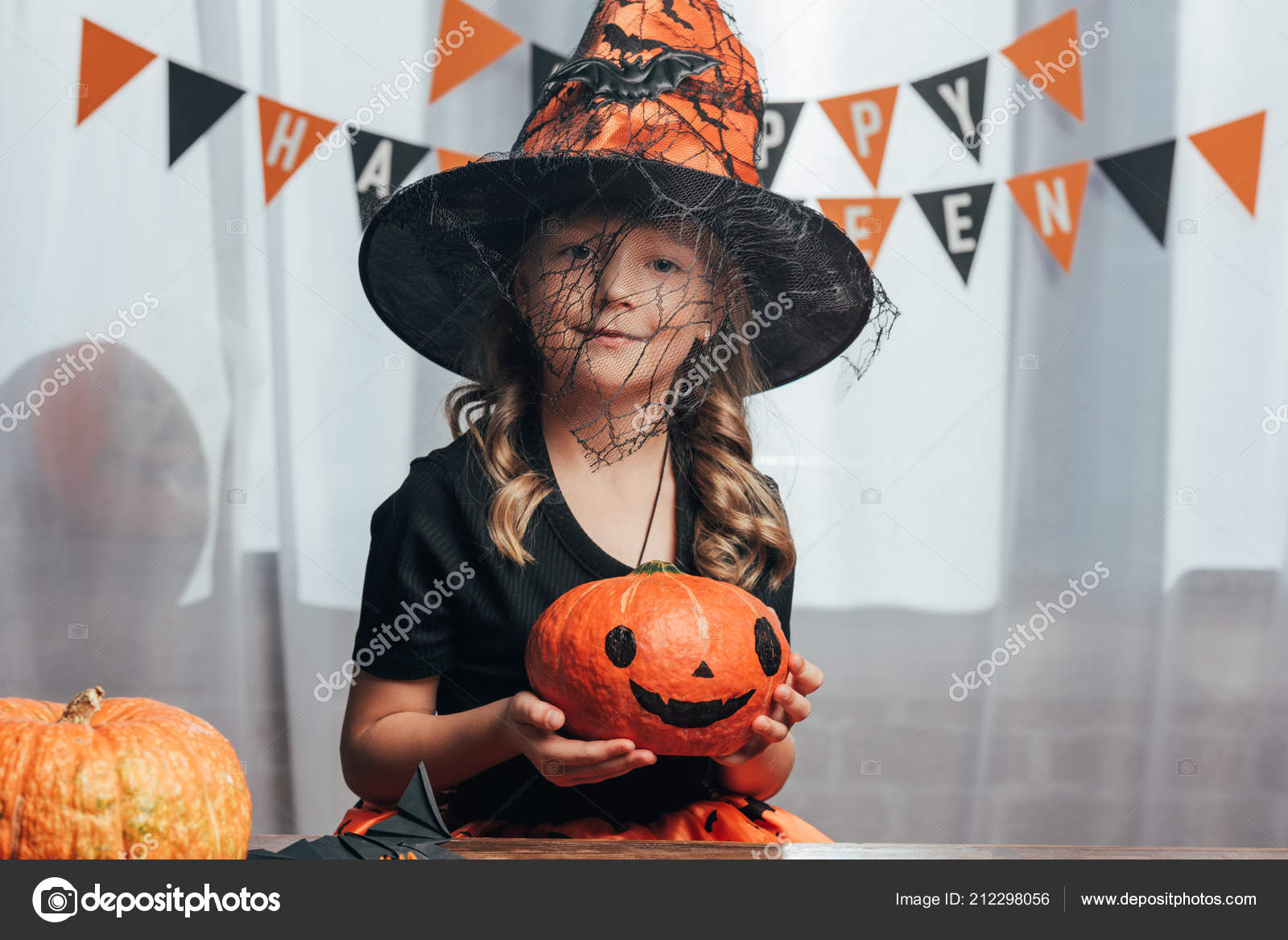 Portrait Adorable Child Witch Halloween Costume Holding Pumpkin Home ...