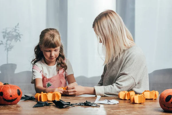 Young Woman Little Sister Handcrafting Paper Figures Halloween Together Home — Stock Photo, Image