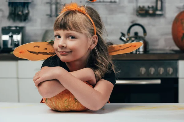 Little Kid Halloween Costume Standing Tabletop Pumpkin Kitchen Home — Stock Photo, Image