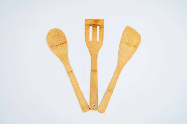 Top View Set Wooden Kitchen Utensils Isolated Grey — Stock Photo, Image