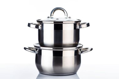 close-up view of shiny stainless steel pans on white  clipart