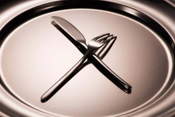 Close View Shiny Fork Knife Arranged Metal Tray — Stock Photo, Image