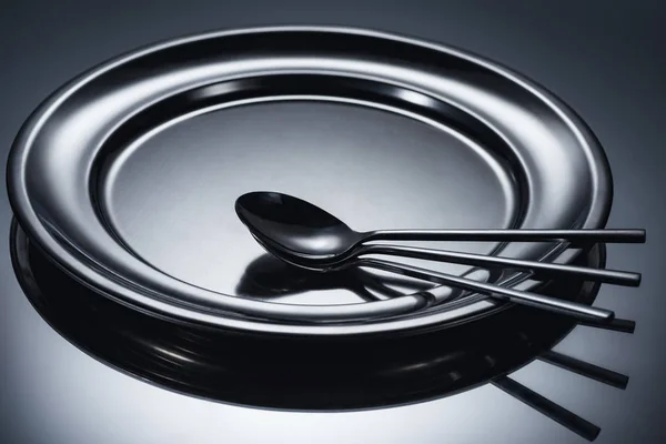 Three Spoons Arranged Shiny Metal Tray Grey — Stock Photo, Image