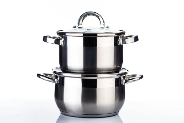 Close View Shiny Stainless Steel Pans White — Stock Photo, Image