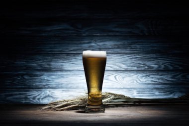 ahşap masa, oktoberfest kavramı üzerinde lezzetli bira ve buğday spikelets bardak