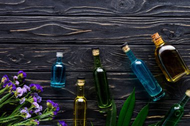 colored bottles of natural herbal essential oils and violet flowers on wooden surface  clipart