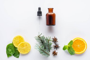doğal bitkisel uçucu yağ, damlalık, köknar, üzerinde beyaz izole limon ve portakal adet şişe üstten görünüm