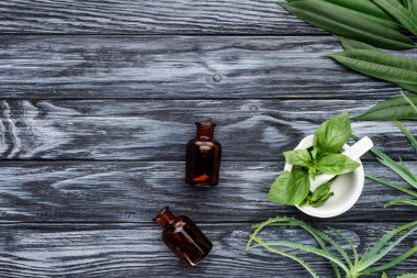 top view of two bottles of natural herbal essential oils and green herbs on wooden table clipart