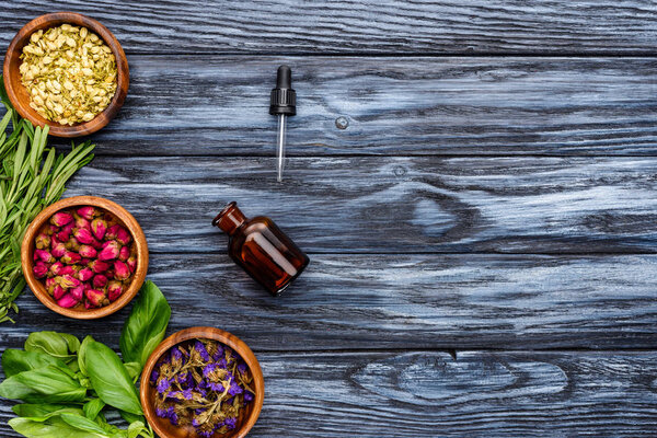 top view of bottle of natural herbal essential oil, dropper and dried flowers on wooden tabletop