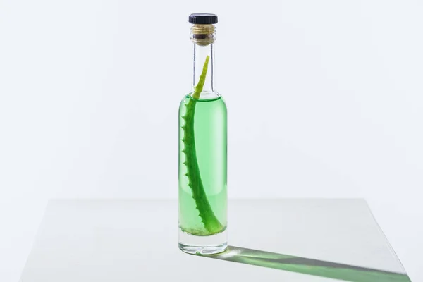 Botella Aceite Esencial Hierbas Naturales Con Aloe Vera Cubo Blanco —  Fotos de Stock