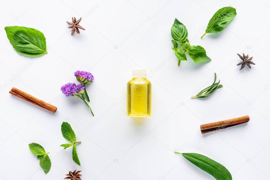 top view of bottle of natural essential oil, cinnamon sticks, carnation and scattered green leaves isolated on white