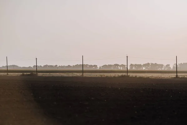 rural scene with field and electric towers in countryside