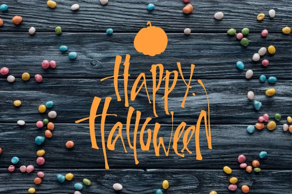 Fából Készült Háttér Sütőtök Happy Halloween Betűk Rendezett Színes Finom — Stock Fotó