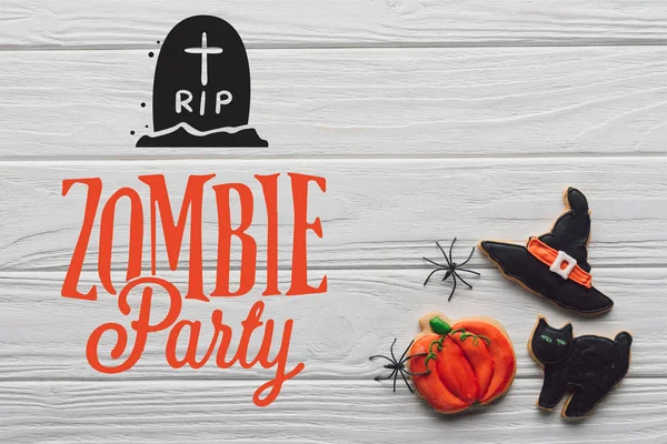 Pohled Chutné Domácí Halloween Cukroví Dřevěné Pozadí Zombie Party Nápisy — Stock fotografie