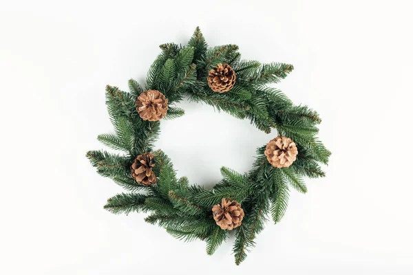 Top View Beautiful Christmas Wreath Pine Cones White Background — Stock Photo, Image