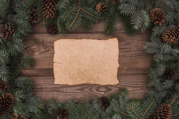 Top View Blank Parchment Coniferous Branches Pine Cones Wooden Background — Stock Photo, Image