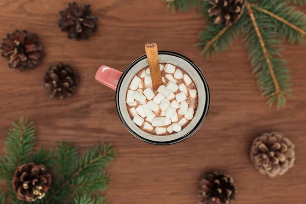 Top View Cup Hot Chocolate Marshmallows Cinnamon Stick Coniferous Twigs — Stock Photo, Image