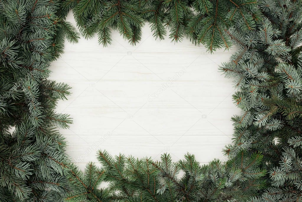 top view of beautiful evergreen fir twigs on white wooden background 