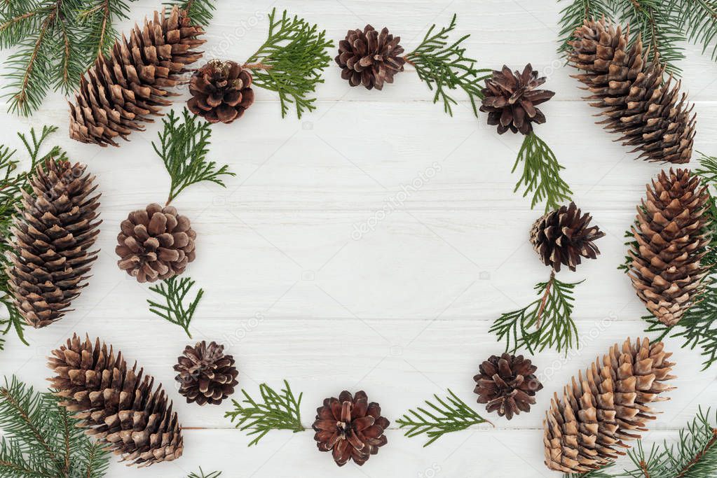 top view of evergreen coniferous twigs and pine cones on white wooden background 
